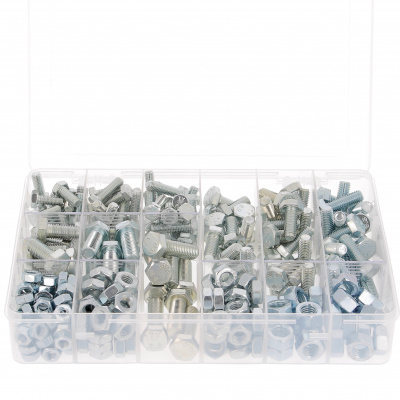 Box mit 292 Sechskantschrauben + Muttern M8-M10-M12 Stahl 8.8 Weiß verzinkt DIN 933